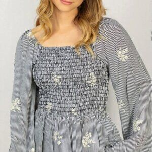 PLUS Long Sleeve Boho Stripe Embroidered Smocked Puff Sleeve Plus Size